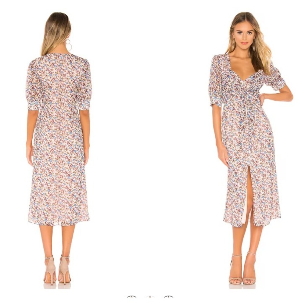 THE EAST ORDER Revolve Sophie Midi Dress Size S Floral Tie Front Puff Sleeve Tea